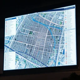 city sized cyberscreens projecting reference a detailed sheet reference sheet of the city map, perfect lighting pixel sorting