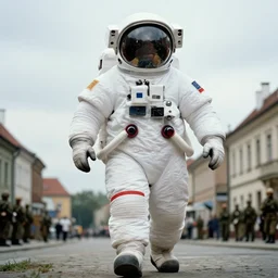 color photograph by legnica, extreme low angle long shot, white extremely oversized giant chubby fat american astronaut in spacesut with oversized helmet walking in legnica, in the background are tiny soldiers, movie still, bokeh, canon 5 0 mm, cinematic lighting, dramatic, film, photography, depth of field, award - winning, overcast, 8 k, 3 5 mm film grain