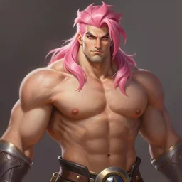 painted portrait of rugged beautiful thick muscular bodybuilder zarya from overwatch with pink hair showing abs and pectorals, fantasy, intricate, elegant, extremely detailed digital painting trending artstation concept art heroic portrait sharp focus, illustration, art by artgerm, greg rutkowski magali villeneuve gaston bussiere