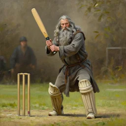 Oil painting of Gandalf playing cricket