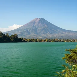 a beautiful green scene, guatemalan lake full of water, volcano in background, high definition, beautiful award winning photography, 8 k.