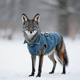 an award winning national geographic picture of a black jackal wearing a denim jacket in the snow by lee jeffries, 8 5 mm nd 5, perfect lighting in a snow storm