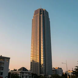 the first 1 mile tall building in sunset, portrait format, 18mm lens, architectural photography