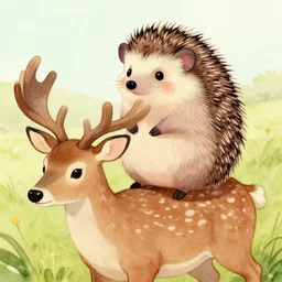 a drawing of a cute little hedgehog sitting on top of a deer, a storybook illustration by suzy rice, trending on deviantart, furry art, storybook illustration, watercolor, official art