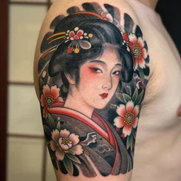 tattoo design, stencil, traditional Japanese, beautiful portrait of a girl surrounded by flowers by artgerm, artgerm, digital art