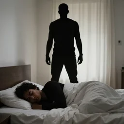 hyper realistic photo of a tall black silhouette of a person menacingly standing in front of a person sleeping in bed at a person sleeping in bed