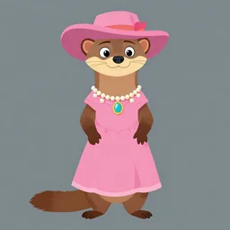 detailed flat 2 d : female marten character : wearing jewlery : wearing a pink dress : wearing hat : head torso legs feet : lorax movie : artstation