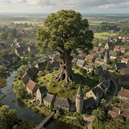 town ancient hollow tree tree tree airborne view of a downtrodden medieval town by a river in a swamp with a tall ancient hollow tree in its center, 4k, by Greg Rutkowski, fantasy, mix of celtic and Rus architecture, cinematic