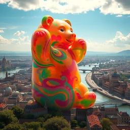 stunning painting of an oversized colorful translucent gummy bear towering over panoramic budapest with danube river, destroying buildings, hyperdetailed illustration, by artgerm, artstation, unreal engine 5 photorealistic