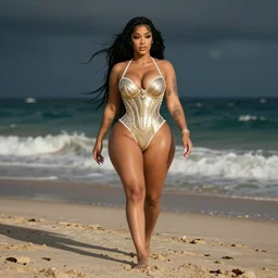 cardi b, at a beach, voluptuous, fantasy armor, detailed face, walking away, full body, dramatic lighting, tony sart, unreal engine, wind