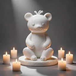 a white marble statue of reddit snoo surrounded by lit candles
