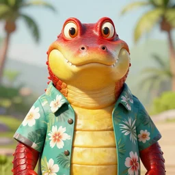 in the style of taran fiddle, cartoon anthropomorphic alligator, symmetrical face, symmetrical eyes, red scales on his back, yellow scale on his belly and chest, male, waring a hawaiian shirt, cgsociety