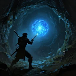 an elf ranger in silhouette in a cave with weapons drawn facing a glowing blue orb, fantasy concept art, trending on artstation, video game concept art, highly detailed, cinematic lighting, digital art, dark fantasy, rendered in unreal
