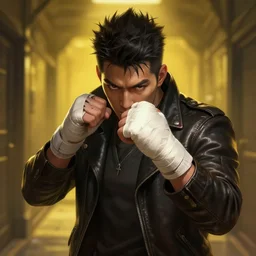 a highly detailed illustration of short spiky haired asian man wearing leather jacket with bandaged right hand, focused boxing stance pose, hands shielding face, dark lit yellow hallway background, intricate, elegant, highly detailed, centered, digital painting, artstation, concept art, smooth, sharp focus, league of legends concept art, WLOP