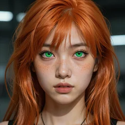 portrait Anime Girl with orange hair and freckles, green eyes fine face pretty face, realistic shaded Perfect face, fine details. Anime. fine face, dark skin, realistic shaded, fine details. Anime, cyberpunk. realistic shaded lighting by Ilya Kuvshinov and Gustav Klimt
