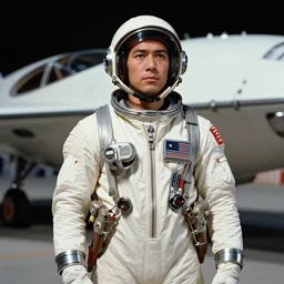 a 22nd century space pilot wearing gear for air force pilots from the 1970s