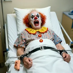hysterical and crazy elderly clown lying in hospital bed with wrist restraints on, restraints attached to hospital bed siderails, greg rutkowski, photograph, 8 k