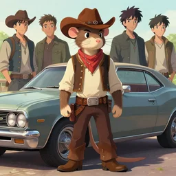 character portrait feature of the anthro male anthropomorphic rat fursona wearing cowboy outfit wild west desperado standing next to an old monte carlo vintage car, character design stylized by charlie bowater, ross tran, artgerm, makoto shinkai, detailed, soft lighting, rendered in octane