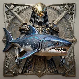 portrait of megalodon - exterminator - royal - king, intricate abstract. intricate artwork, by tooth wu, wlop, beeple, dan mumford. concept art, octane render, trending on artstation, greg rutkowski very coherent symmetrical artwork. cinematic, key art, hyper realism, high detail, octane render, 8 k, iridescent accents