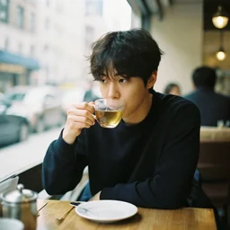 a collection of vacation photos of byun baekhyun drinking tea in a cafe in downtown new york, photography, 5 0 mm, kodak film, uhd 8 k, stylistic blur