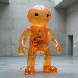 huge transparent orange jell strange morph form in style by anish kapoor, in the parts by shih chieh huang, with wires in a large minimal concrete exhibition hall, film still from the movie directed by denis villeneuve, close up,