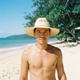 a film photo of a man on holiday in cairns wearing a straw hat