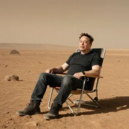 Elon musk sitting in a lawn chair on the surface of mars