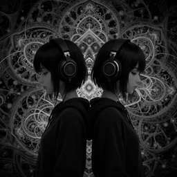 two lesbian anime girls wearing headphones, esoteric fractal mandelbrot background, dark and gothic, intricate, somber, in the style of desmond paul henry, opengl, stylized, japanese, artstation, stunning, highly detailed, sharp details, amazing composition, 4 k