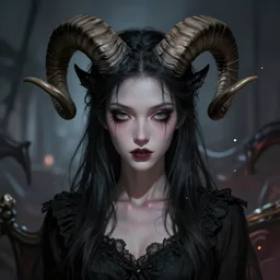cool and bored looking succubus, portrait of a lady demon all dressed in black, beautiful face and eyes, ram horns on her head, close look, highly detailed, cel shaded, cinematic shot, trending on artstation, blurry background, high quality, detailed and chaotic background, brush strokes all over, by tom bagshaw and jama jurabaev