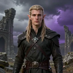portrait of a slim young male elf from elder ring, photorealistic, ancient ruins in background, storm sky, gradient gray to purple, realistic, art by artgerm, greg rutkowsky, matt rhodes and nick thornborrow, concept art, digital art, high detailed, smooth, sharp focus illustration, volumetric light, artstation