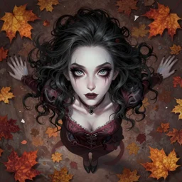 beautiful stella maeve magician, in the style of artgerm, tom bagwell, realistic character concept, bird's eye overhead shot, elegant pose, spooky, illustration, symmetrical face and body, volumetric lighting, detailed realistic symmetrical eyes, 8 k, single face, insanely detailed and intricate elegant, autumn leaves