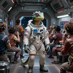 A Reptillian wearing a spacesuit standing in the middle of a crowded 70s space station
