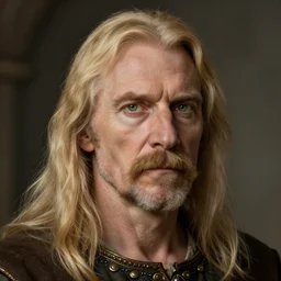half - length portrait of a 1 0 0 - year - old human male noble with long blonde hair and green eyes, mustache, no beard, medieval setting, detailed face, highly detailed, artstation, concept art, sharp focus, by greg rutkowski, craig mullins, artgerm