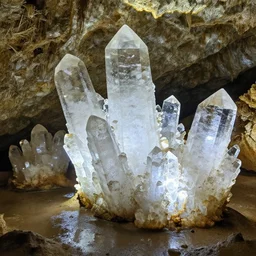 an extremely large cave, brightly lit, filled with giant clear quartz crystal formations, puddles of water