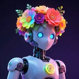 robot wearing a crown of flowers neon colors flowerpunk