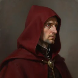 painting of an ancient baron in a dark red hood, fantasy, artstation, cgsociety, ultra high detail, stylized, centered, close up shot, profile picture, matte colors