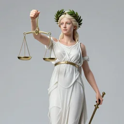 a full body portrait of themis the greek goddess, holding the scales of justice!! wearing a laurel wreath, extremely beautiful, precise anatomy, by artgerm and by greg rutkowski and by alphonse mucha and by simon bisley, radiant light, detailed and intricate environment