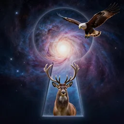 a deer peering into a giant portal into the universe in the shape of a keyhole to the nebulae and galaxies, an eagle flying, beautiful matte painting by weta workshop 4 k, cinematic dramatic atmosphere, dramatic lighting, trending on artstation