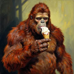 bigfoot eating an ice cream cone, masterpiece, dramatic light and shadow, saturated colors, ciaroscuro. painted by norman rockwell