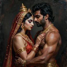 portrait painting of dark muscular indian royal couple hugging, ultra realistic, concept art, intricate details, eerie, highly detailed, photorealistic, octane render, 8 k, unreal engine. art by artgerm and greg rutkowski and alphonse mucha