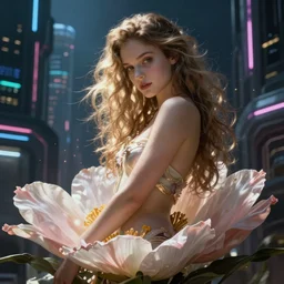 flower goddess in a sensual pose, in the style of Dan Mumford's artwork, with a futuristic cyberpunk city in the background.