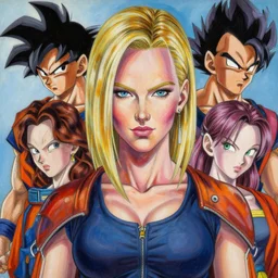 portrait of charlize theron as android 1 8 from dragonball z. intricate painting by ross tran, magali villeneuve, and jeremy mann.