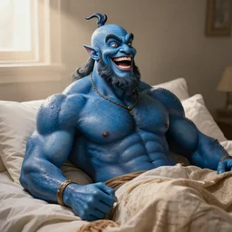 photo shot of muscular genie with blue skin covered in oil laughing, posing in bed, morning sunlight, detailed, realistic, in style of j. c. leyendecker