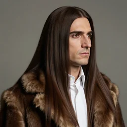 portrait of a man with smooth, long!!!!!!!!!! dark brown hair in a white shirt under a 1 9 th century fur coat, looking to the right, high detail sharpness
