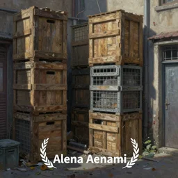 a beautiful painting digital high detailed of a grungy back alley with wooden crates metal grids by Alena Aenami