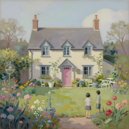 a gorgeous, fantastic, magical country cottage garden by michael kidd, escher, victo ngai, ( thomas kincade ), trending on artstation, artgerm, acrylic on canvas, muted colors, pastel