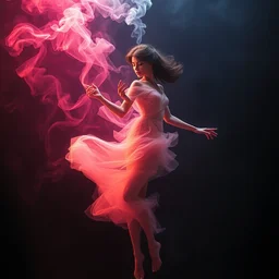 mysterious, hyper - realistic representation of female dancing smoke figure made of curling wispy colorful smoke, fantasy, volumetric lighting, dark background