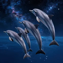 a group of cosmic dolphins jumping out of a cosmic ocean in space, epic composition, 4 k