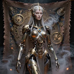 a beautiful mechanized feminine android goddess of the quantum realm, westworld, photorealistic, magical, enchanted, intricate detail, elaborate machinery, clockwork, torn tapestry, swirling smoke, ember particles, regal design, royal relief