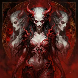 symmetry portrait of grotesque and gruesome female demon, cosmic horror, lovecraftian horror, intricate, horror, highly detailed, digital painting, artstation, giger concept art, smooth, sharp focus, illustration, art by mark brooks, julie bell, alphonse mucha and junji ito, monohcrome red, white, black, gold